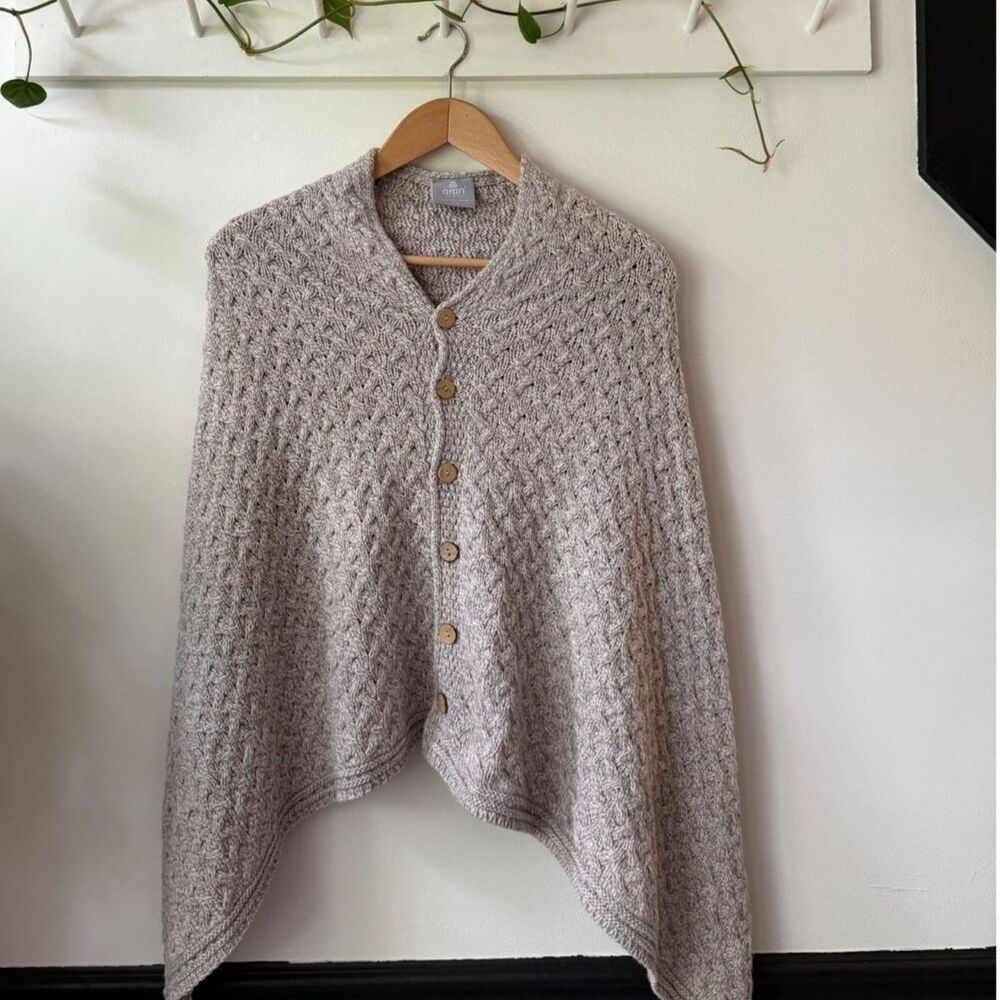 Aran Crafts natural merino wool cable knit cape